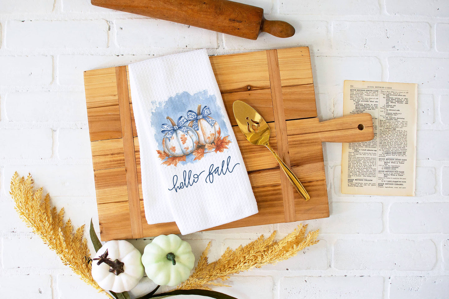 Chinoiserie Pumpkin Fall Kitchen Towel Autumn Blue White